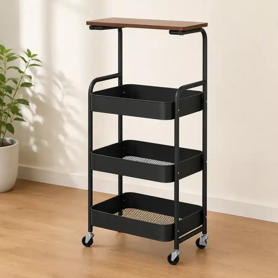 3 Tier Rolling Storage Cart with Wooden Top