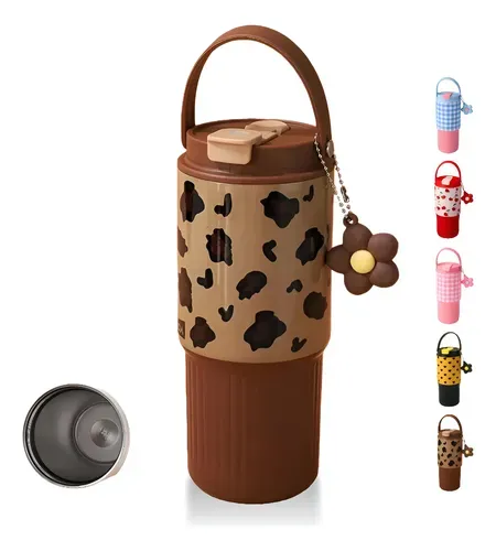 Cute Printed Portable Tumbler Water Bottle with Handle & Straw Lid